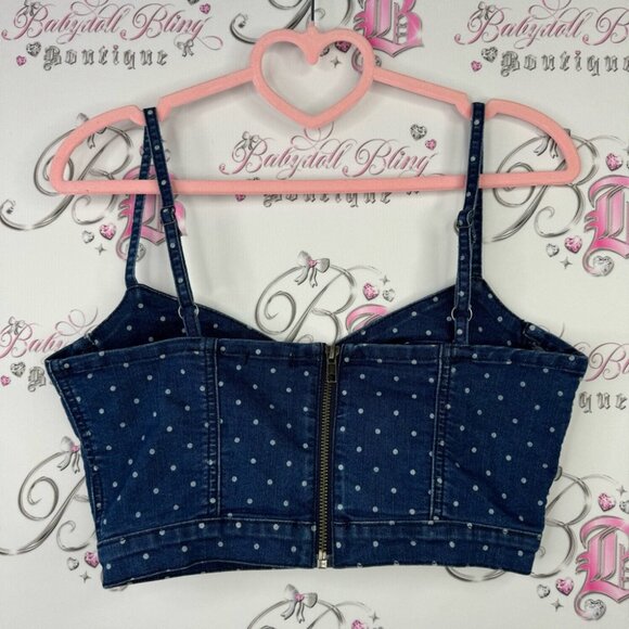 Garage polka dot denim jean crop top bustier style tank top blue white fitted - Picture 3 of 7
